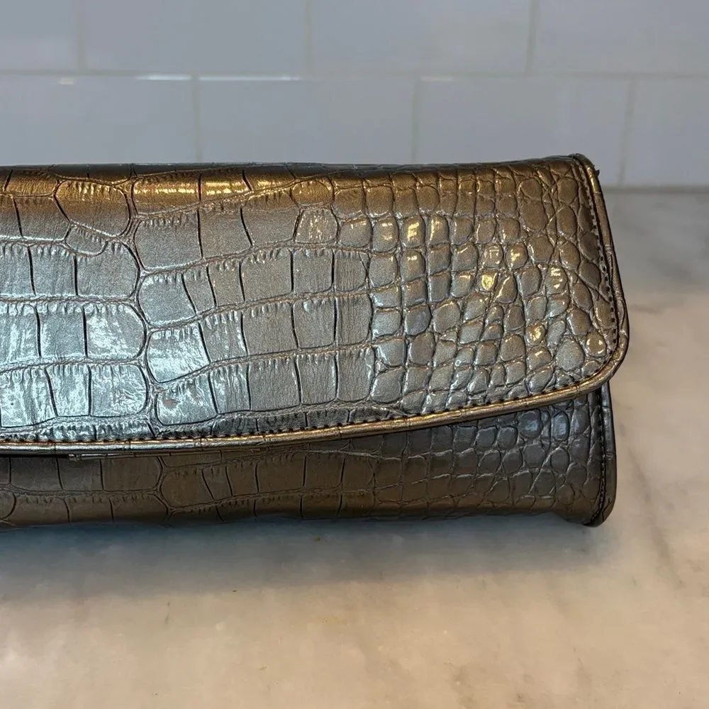 Ann Taylor LOFT purse silver metallic crocodile-embossed envelope clutch bag